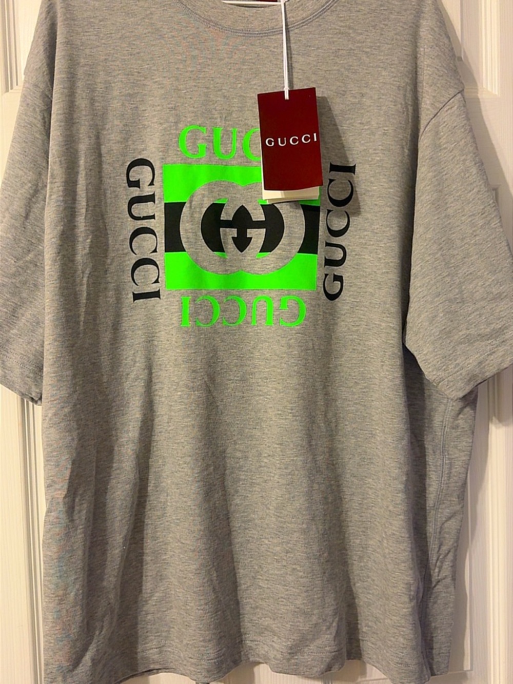 Gucci Gray Short-Sleeve Tee with Neon Green Logo
